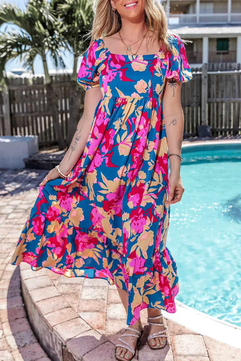 Square Neck Bubble Sleeve Ruffled Floral Dress sold by Beagle Boutique product image thumbnail 3