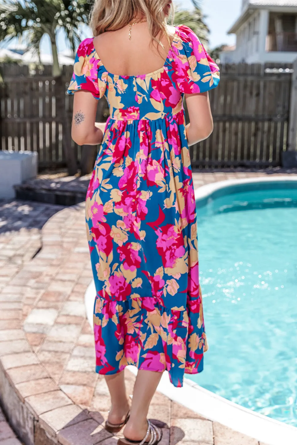 Square Neck Bubble Sleeve Ruffled Floral Dress sold by Beagle Boutique product image thumbnail 2