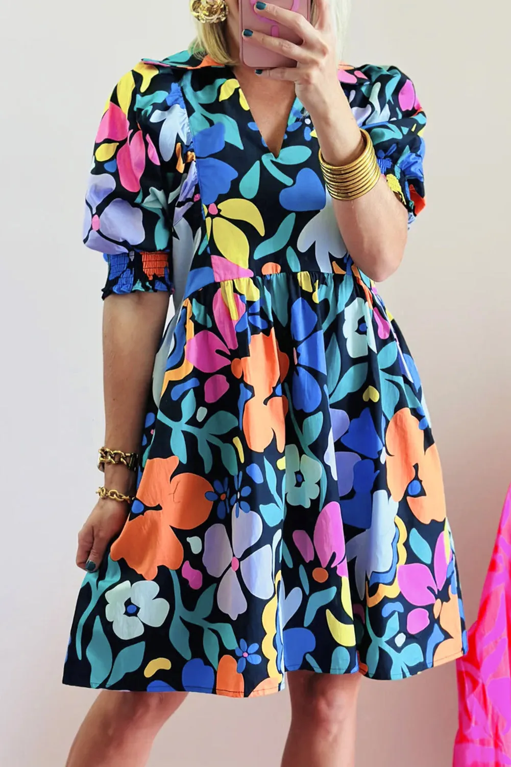 Blue Collared Split Neck Floral Flared Dress sold by Beagle Boutique