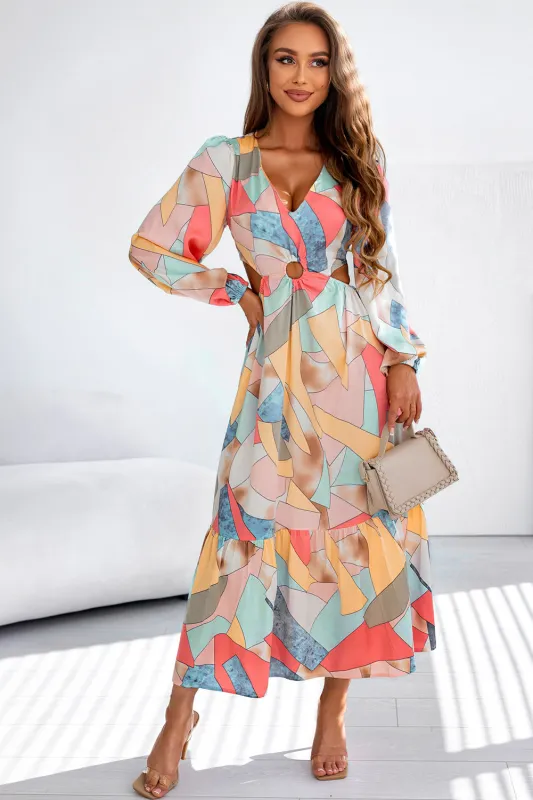 Multicolor Abstract Print O-ring Cut out Long Sleeve Maxi Dress sold by Beagle Boutique