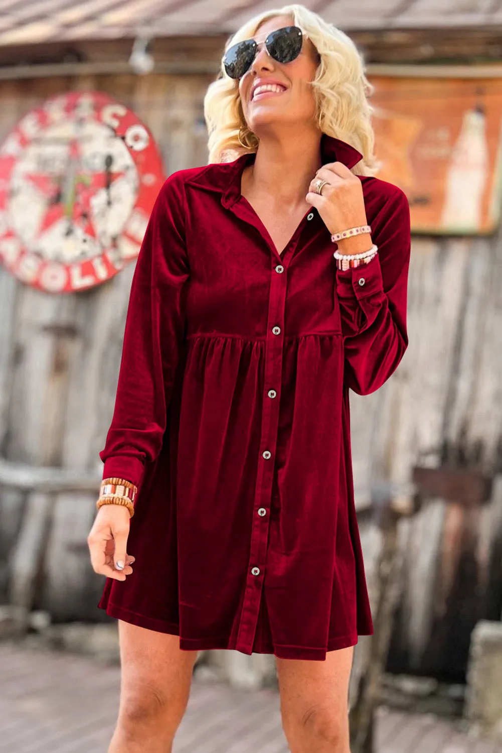 Fiery Red Long Sleeve Ruffle Velvet Button Up Dress sold by Beagle Boutique product image thumbnail 3