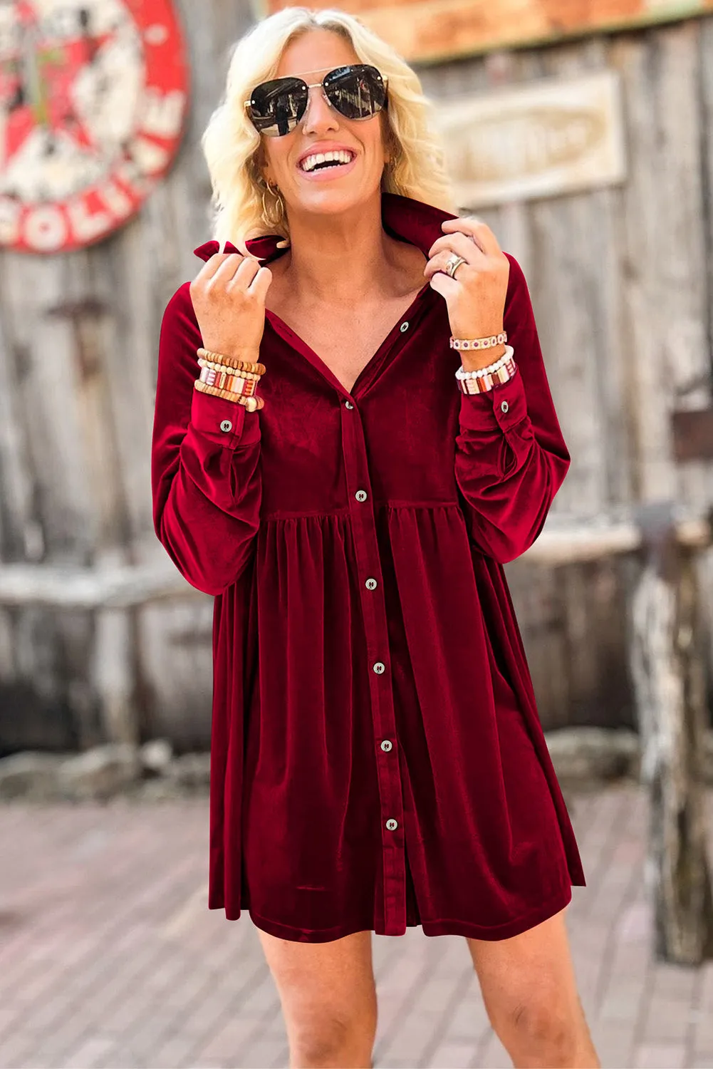 Fiery Red Long Sleeve Ruffle Velvet Button Up Dress sold by Beagle Boutique product image thumbnail 2