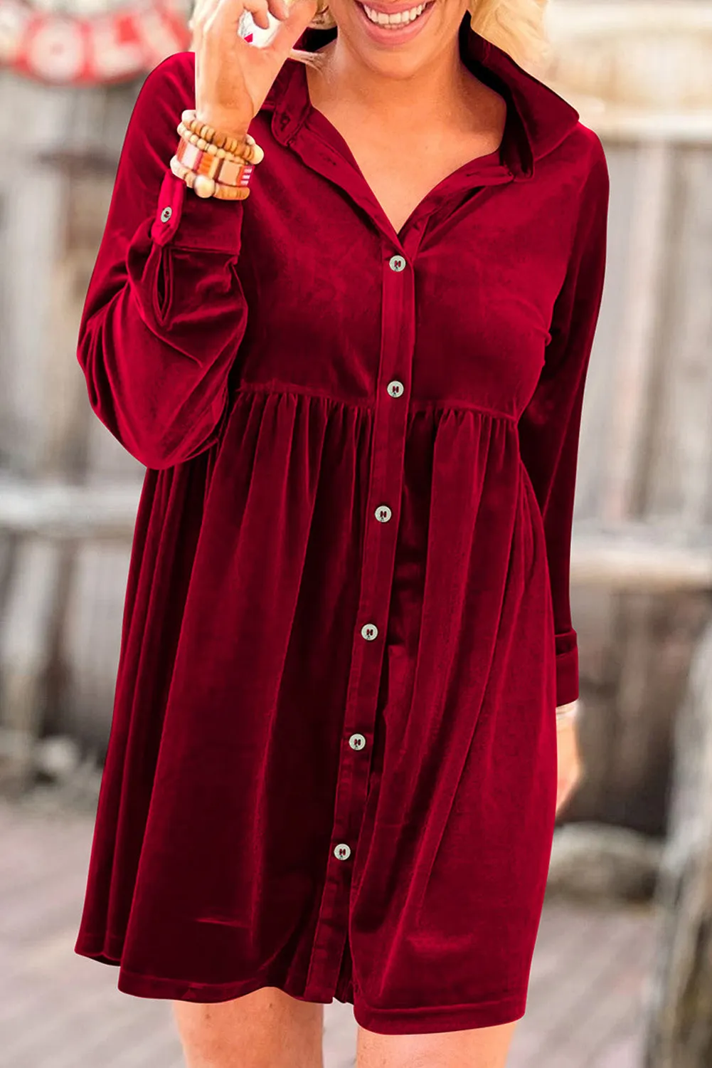 Fiery Red Long Sleeve Ruffle Velvet Button Up Dress sold by Beagle Boutique