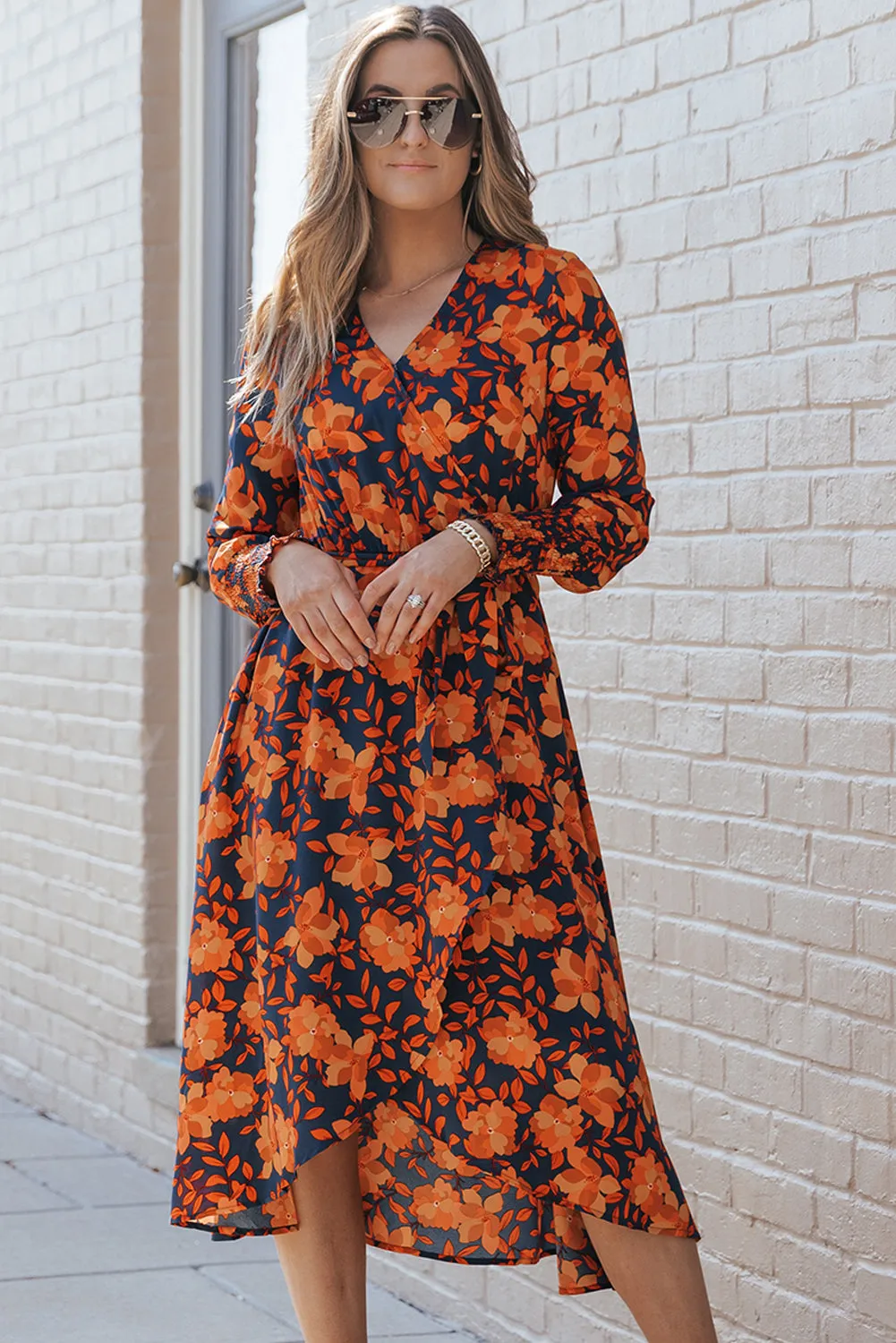 Orange Floral Print Faux Wrap Belted Dress sold by Beagle Boutique
