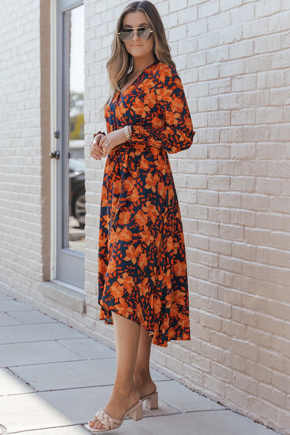 Orange Floral Print Faux Wrap Belted Dress sold by Beagle Boutique product image thumbnail 3