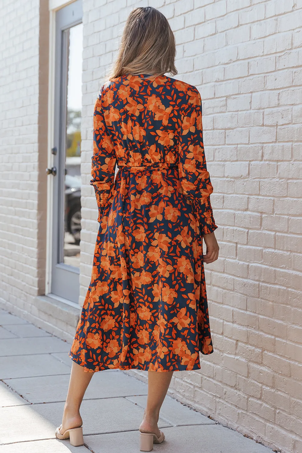 Orange Floral Print Faux Wrap Belted Dress sold by Beagle Boutique product image thumbnail 2