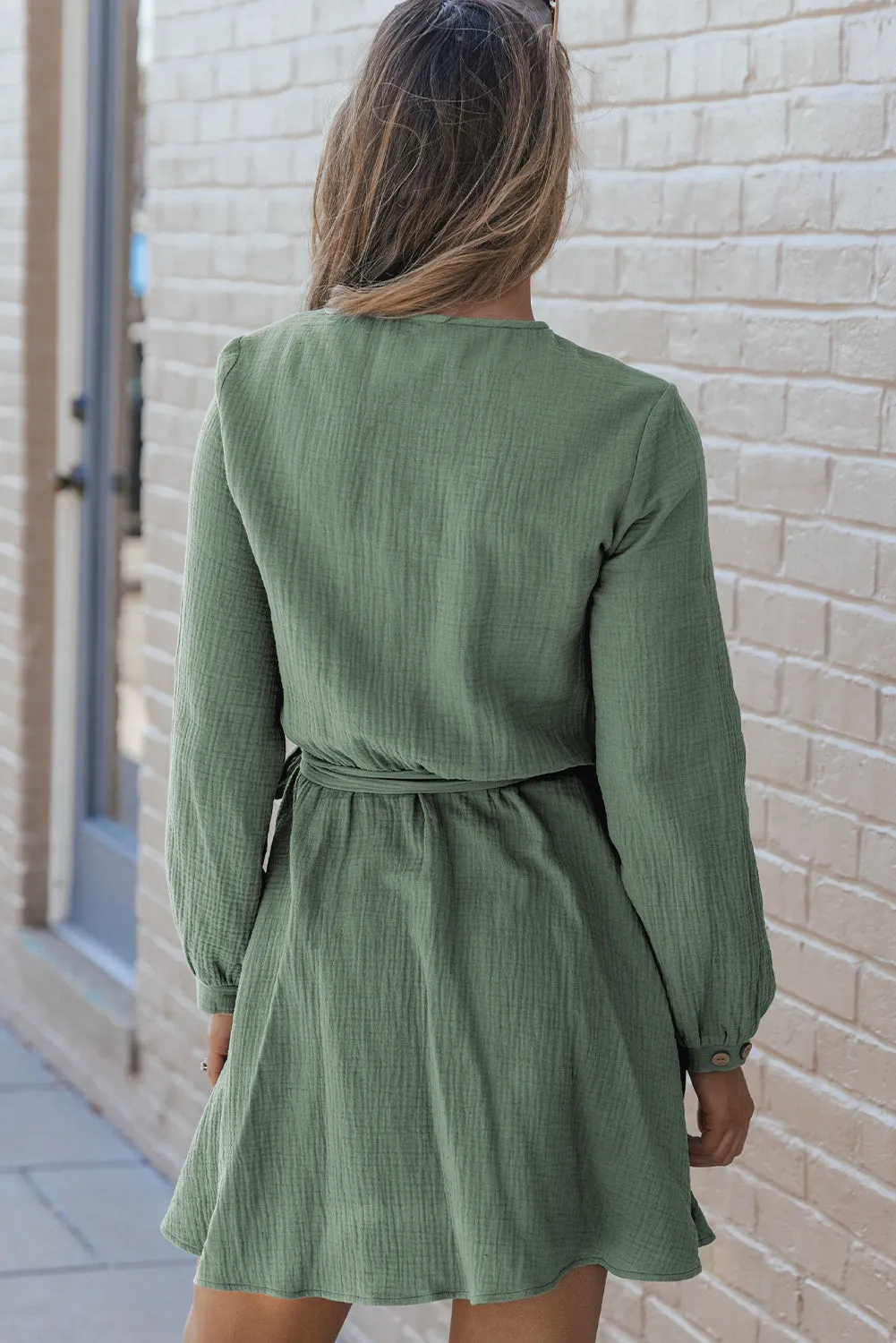 Jungle Green Button Neck Puff Sleeve Belted Pleated Mini Dress sold by Beagle Boutique product image thumbnail 2