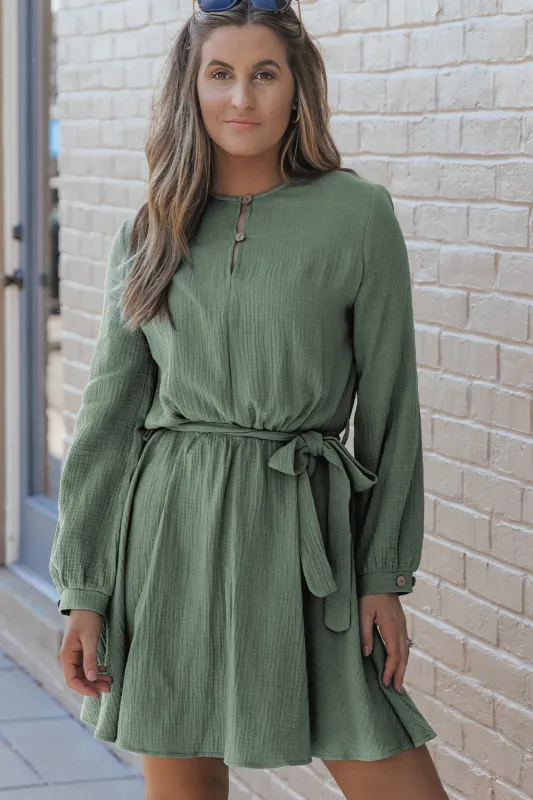 Jungle Green Button Neck Puff Sleeve Belted Pleated Mini Dress sold by Beagle Boutique