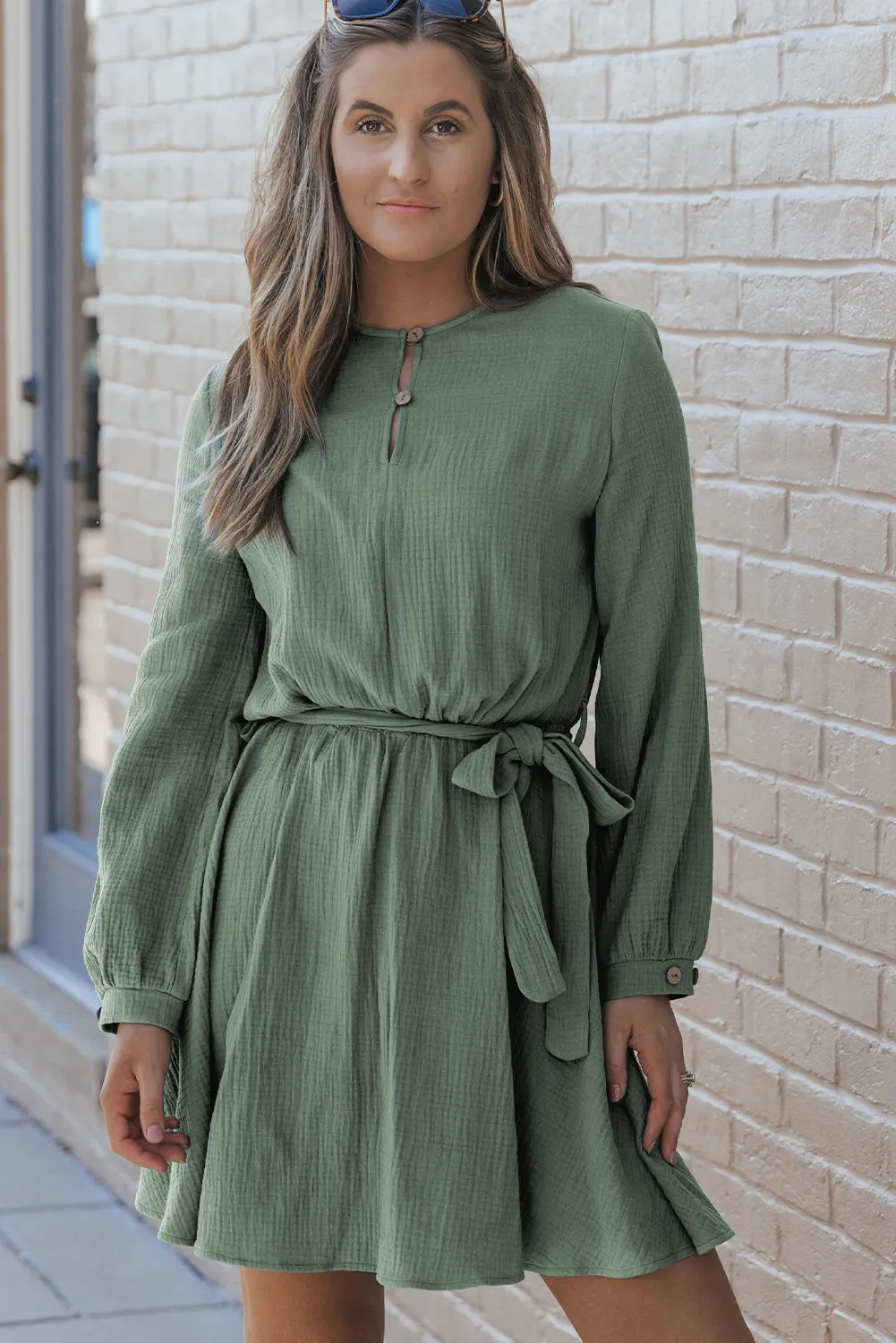 Jungle Green Button Neck Puff Sleeve Belted Pleated Mini Dress sold by Beagle Boutique
