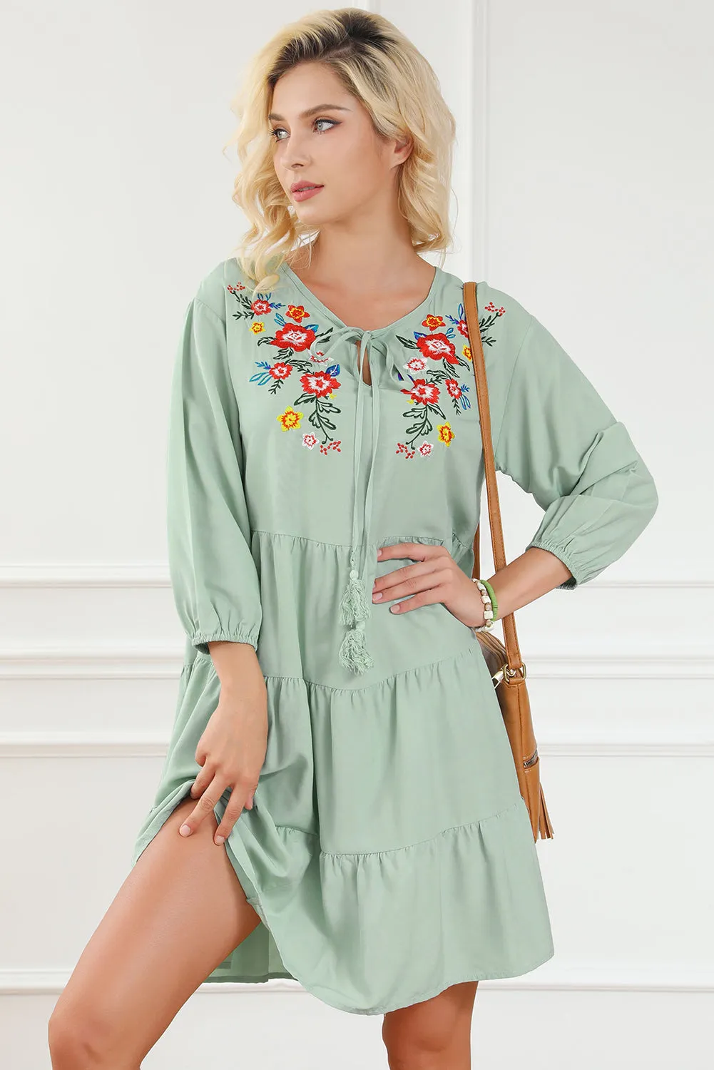 Green Floral Embroidery Tiered Ruffle Hem Dress sold by Beagle Boutique product image thumbnail 3