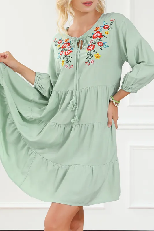 Green Floral Embroidery Tiered Ruffle Hem Dress sold by Beagle Boutique