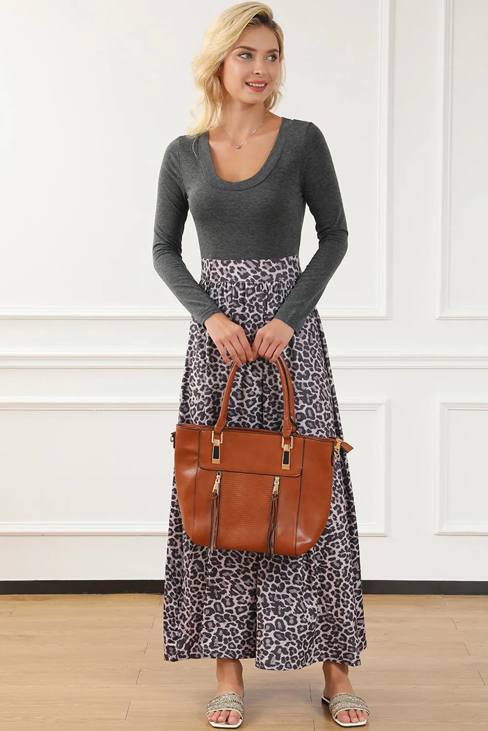 Black Long Sleeve Fitted Bodice Leopard Maxi Dress sold by Beagle Boutique product image thumbnail 3