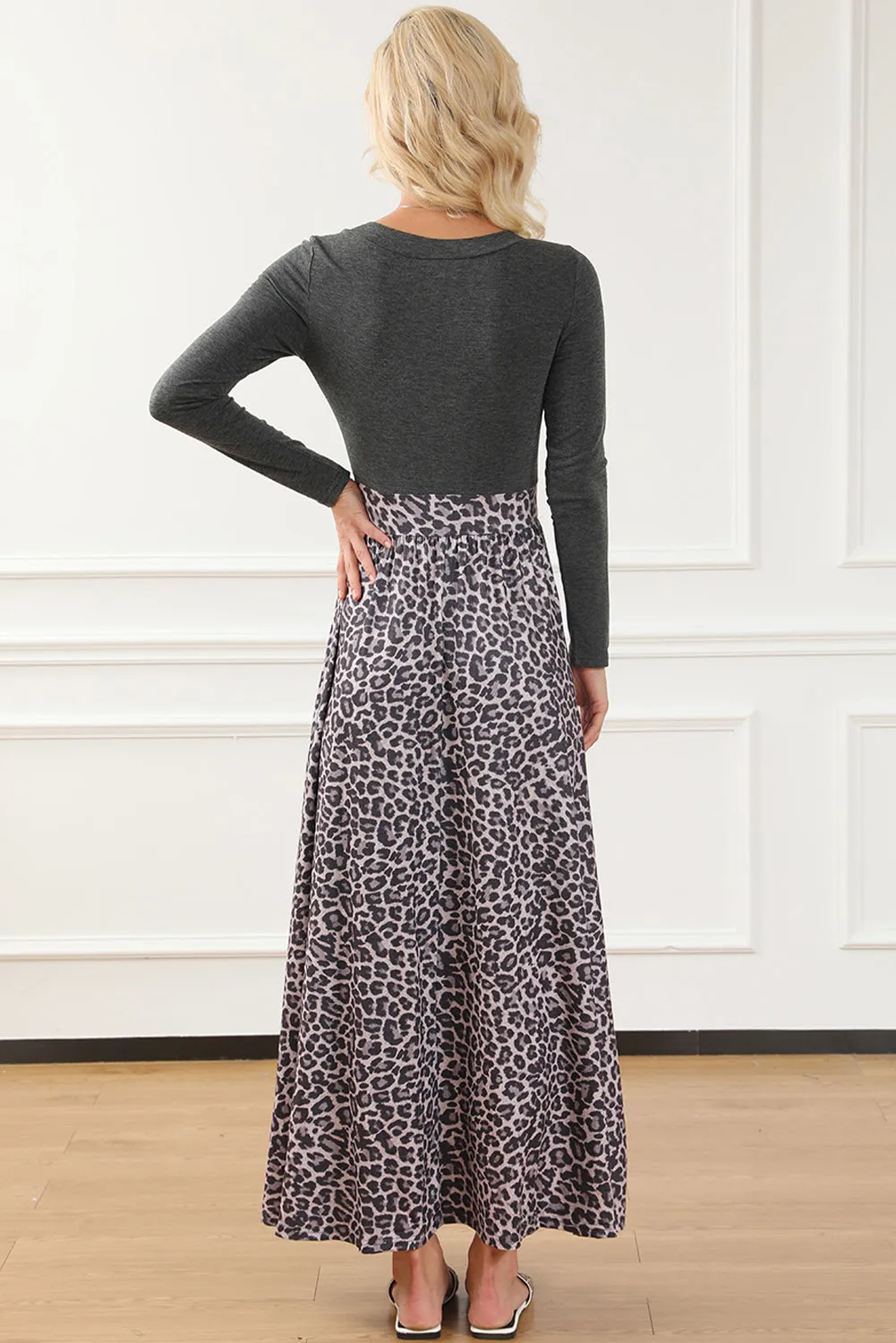 Black Long Sleeve Fitted Bodice Leopard Maxi Dress sold by Beagle Boutique product image thumbnail 2