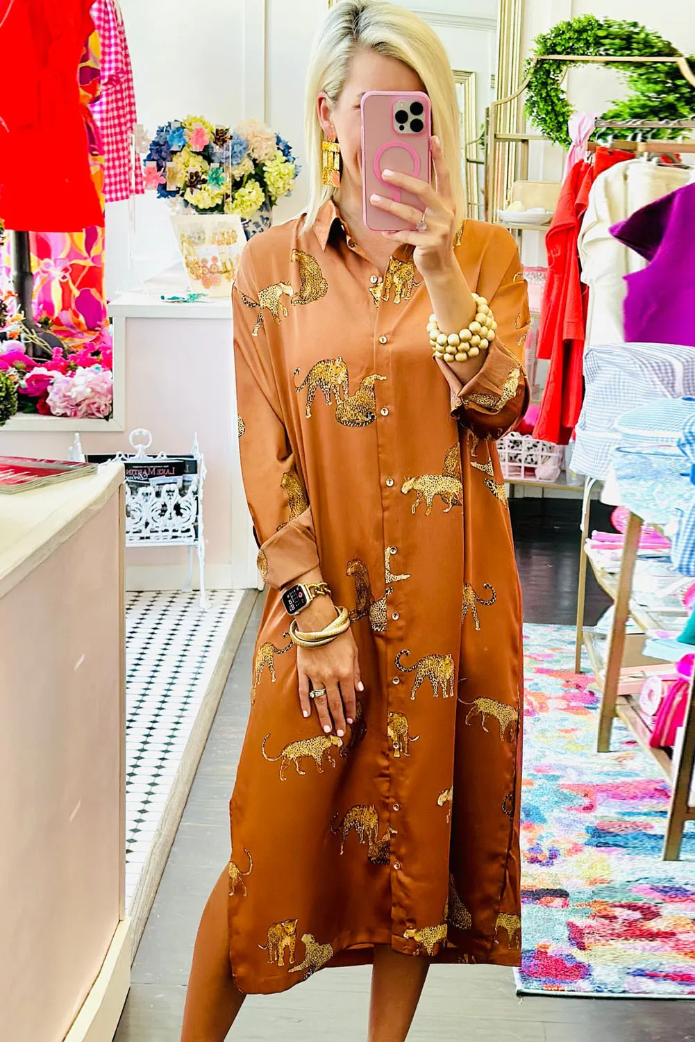 Mustard Cheetah Print Button-Up Split Shirt Dress sold by Beagle Boutique product image thumbnail 3