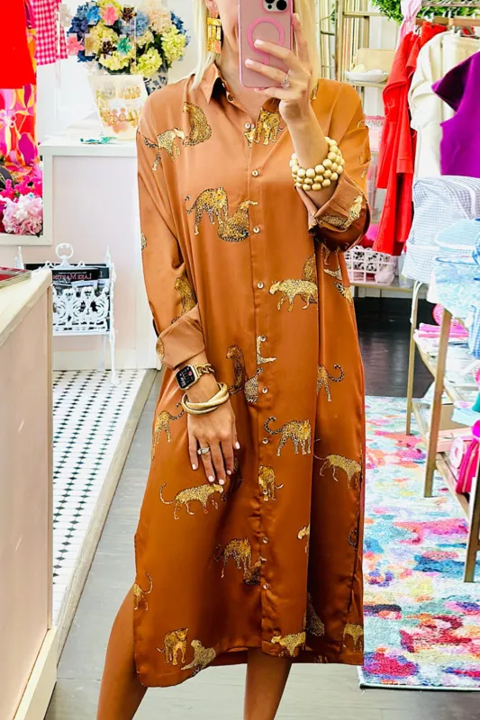Mustard Cheetah Print Button-Up Split Shirt Dress sold by Beagle Boutique