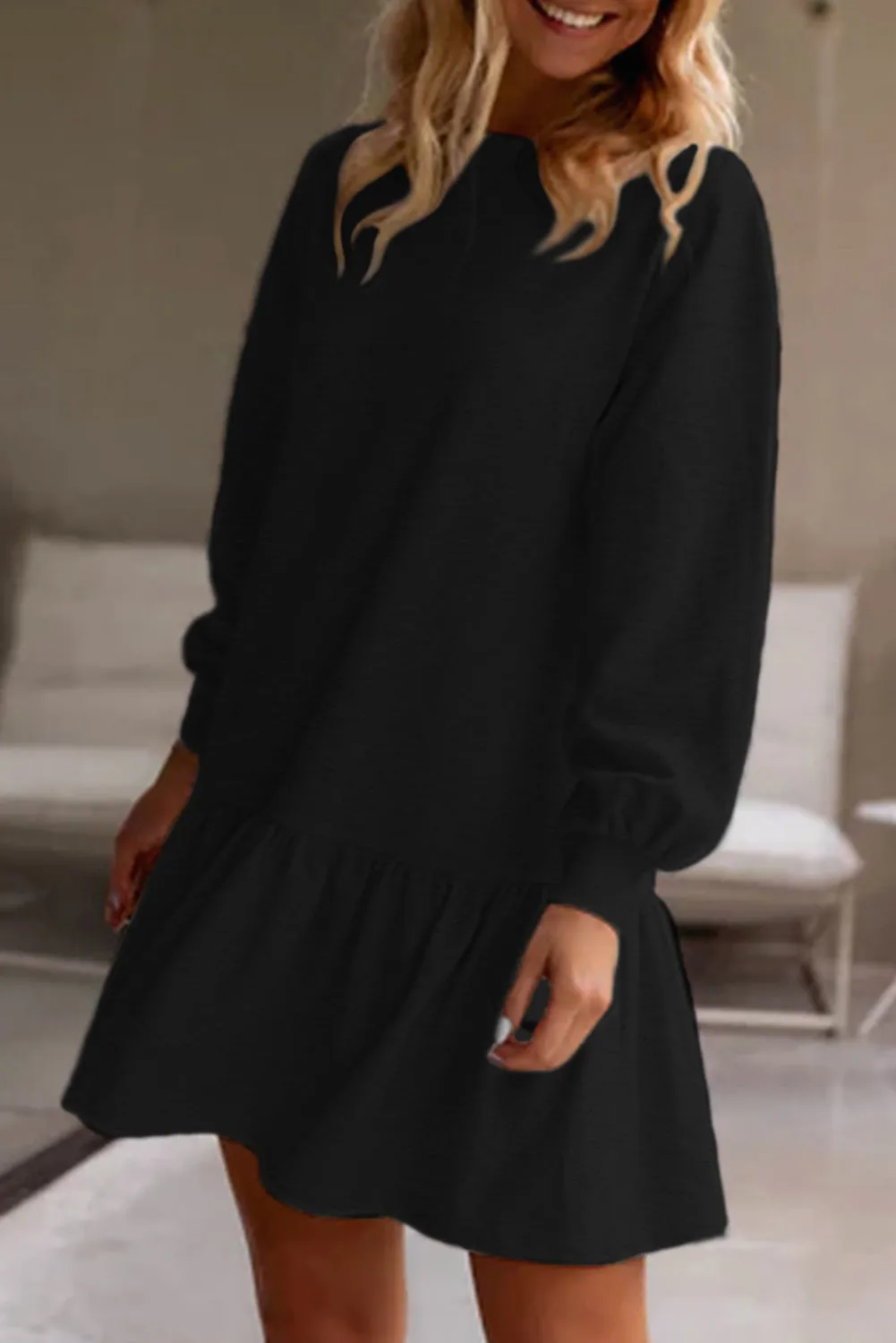 White Solid Colour Puff Sleeve Ruffle Hem Mini Dress sold by Beagle Boutique product image thumbnail 4