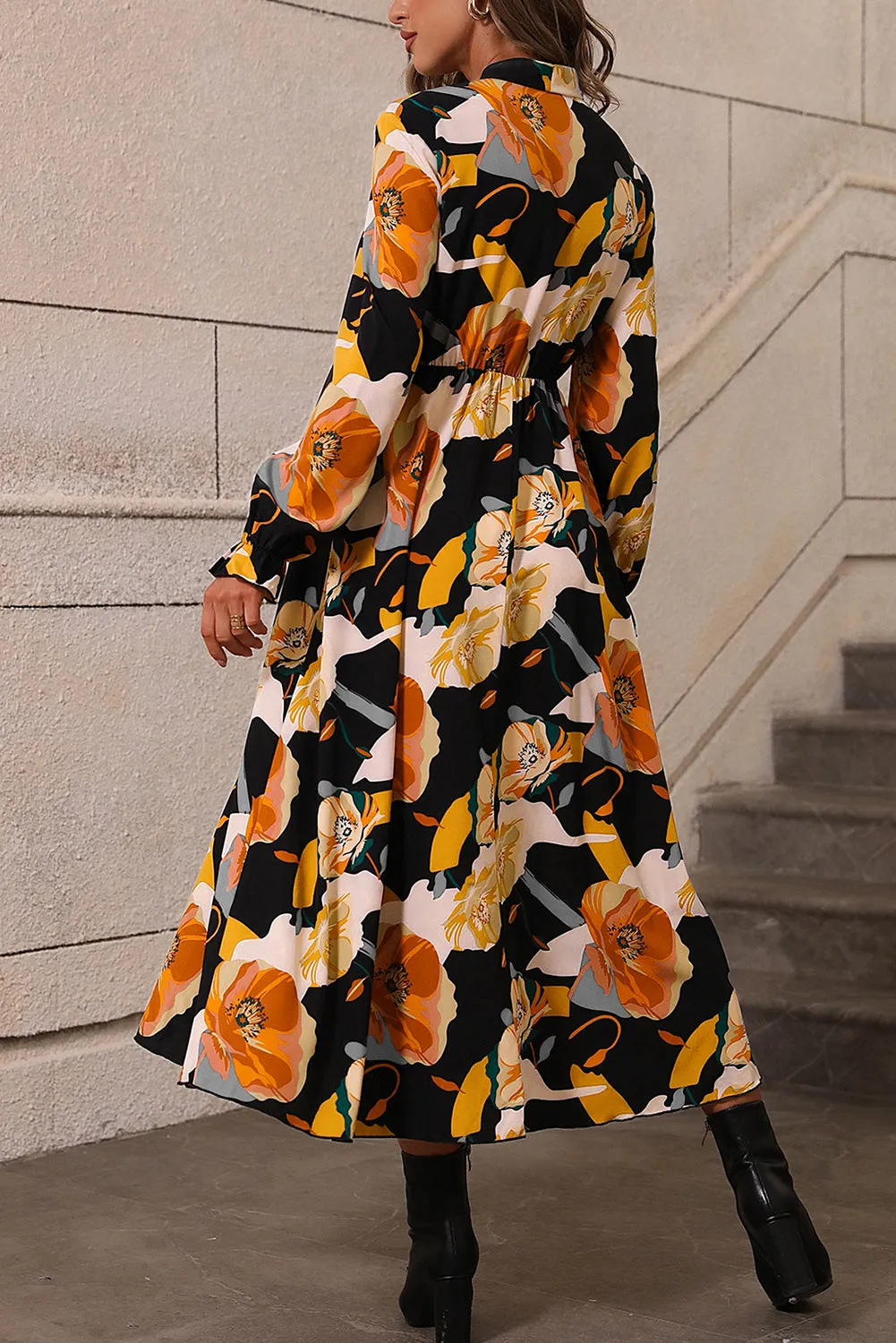Orange Floral Print Tie Neck Long Sleeve Dress sold by Beagle Boutique product image thumbnail 2