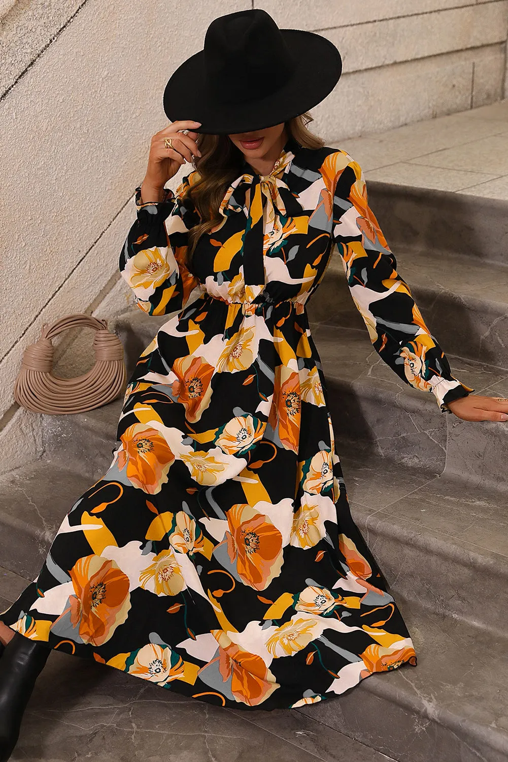 Orange Floral Print Tie Neck Long Sleeve Dress sold by Beagle Boutique product image thumbnail 3