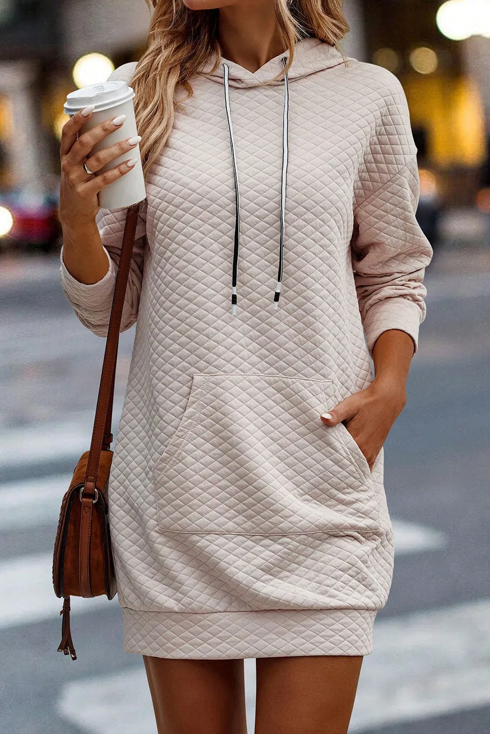 Parchment Drawstring Kangaroo Pocket Quilted Hooded Dress sold by Beagle Boutique product image thumbnail 3