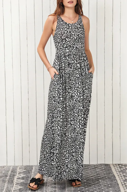 Gray Leopard Print Pocketed Sleeveless Maxi Dress sold by Beagle Boutique