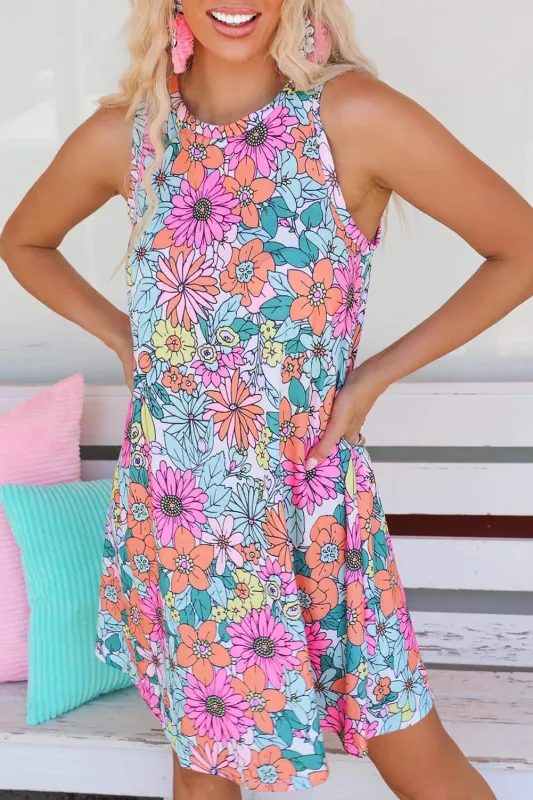 Multicolor Round Neck Sleeveless Floral Mini Dress sold by Beagle Boutique