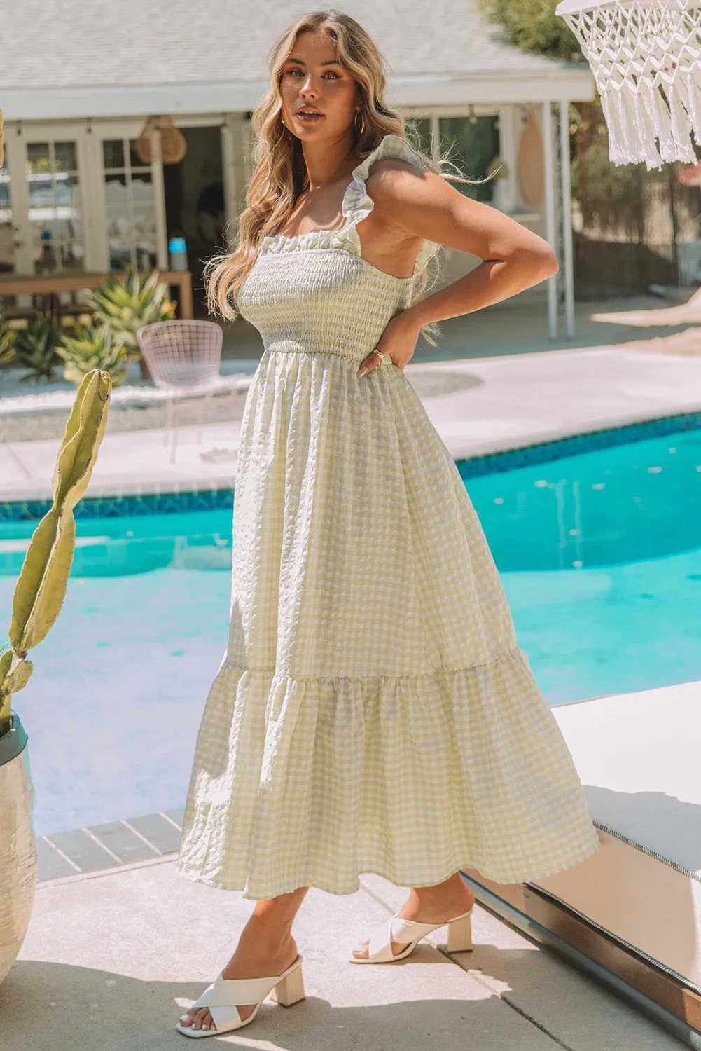Khaki Plaid Ruffled Sleeve Smocked Maxi Dress sold by Beagle Boutique product image thumbnail 3