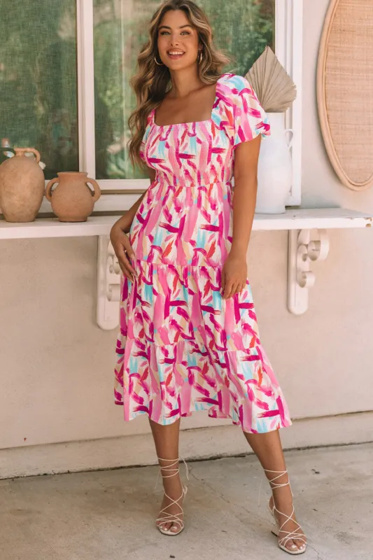 Pink Brush Stroke Printed Smocked Ruffle Tiered Dress sold by Beagle Boutique