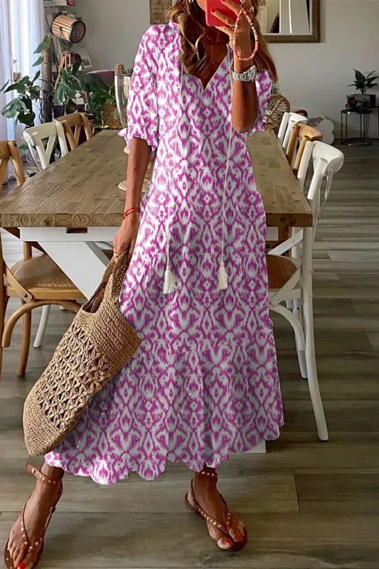 Pink V Neck Casual Geometric Print Maxi Dress sold by Beagle Boutique
