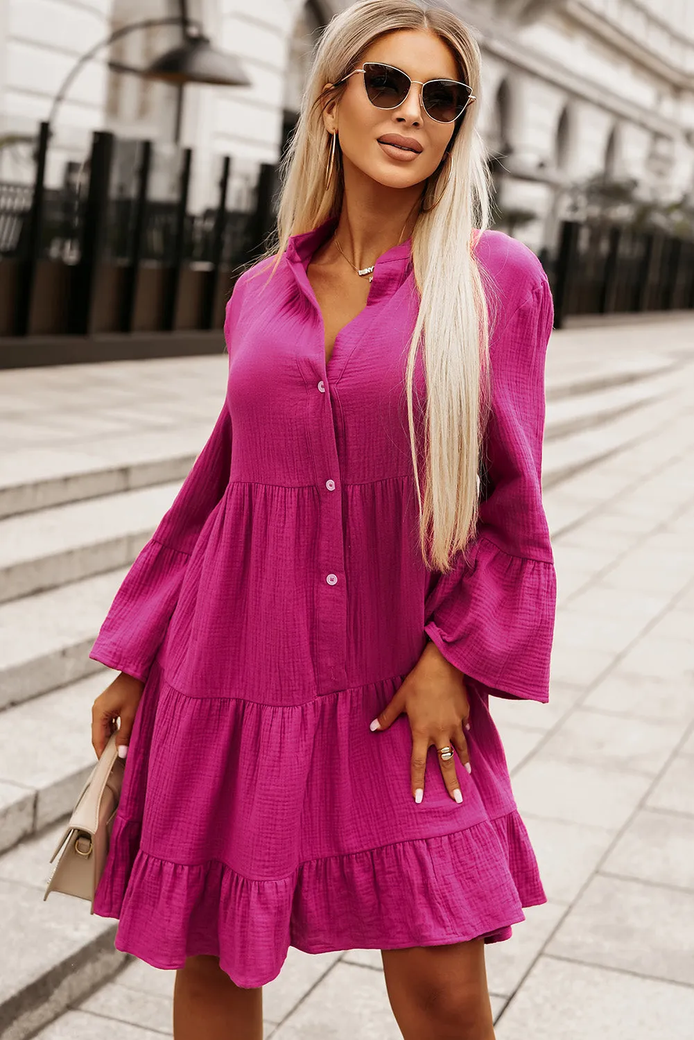 Rose Crinkled Tiered Split Neck Shirt Dress sold by Beagle Boutique