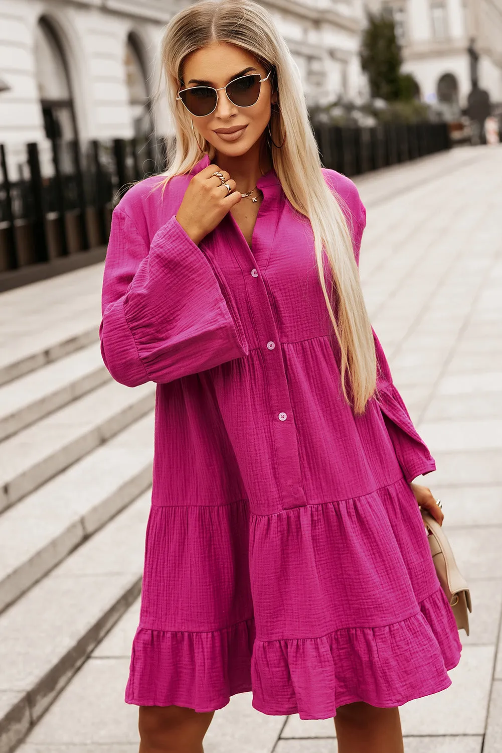 Rose Crinkled Tiered Split Neck Shirt Dress sold by Beagle Boutique product image thumbnail 3