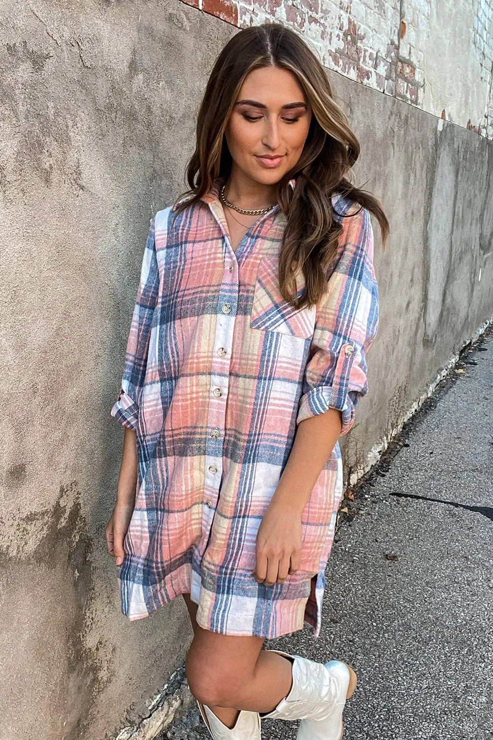 Pink Plaid Roll-tab Sleeve Side Slit Shirt Dress sold by Beagle Boutique product image thumbnail 3