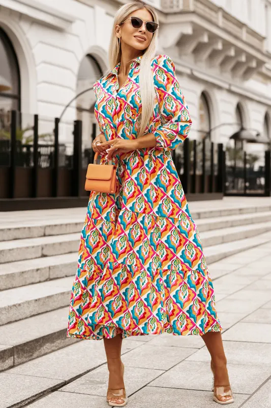 Multicolor Abstract Geometric Print Long Sleeve High Waist Dress sold by Beagle Boutique