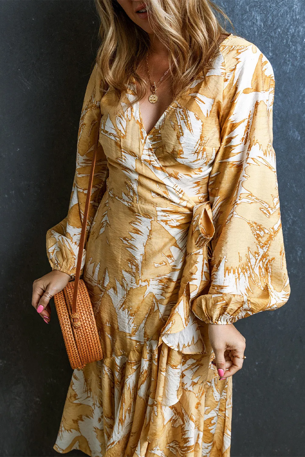 Yellow V Neck Wrap Lace up Bubble Sleeve Floral Dress sold by Beagle Boutique product image thumbnail 3