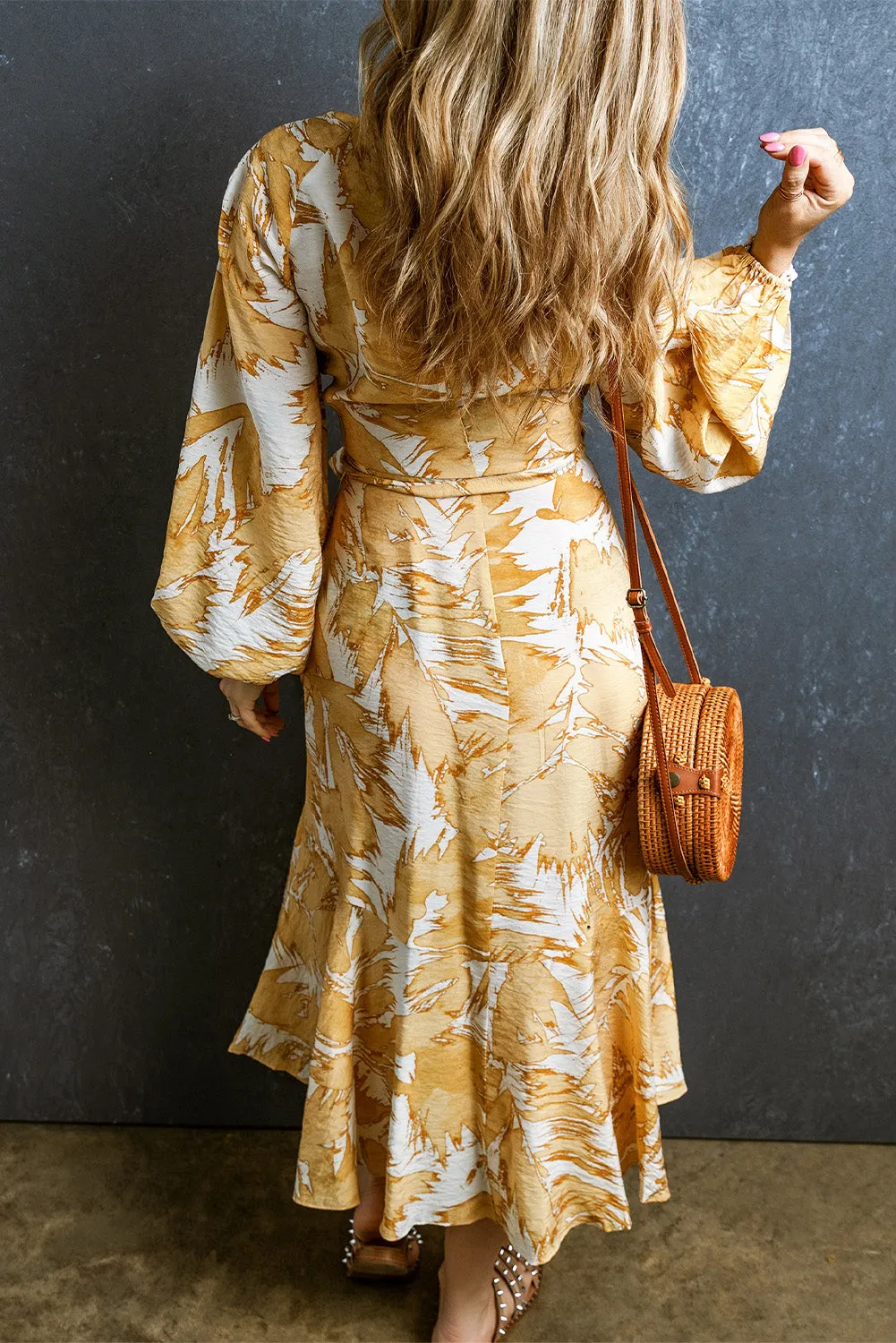 Yellow V Neck Wrap Lace up Bubble Sleeve Floral Dress sold by Beagle Boutique product image thumbnail 2