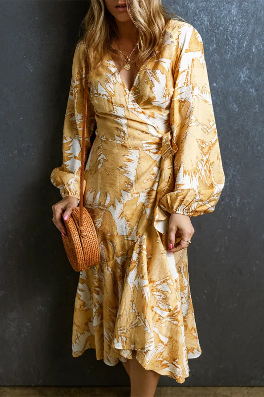 Yellow V Neck Wrap Lace up Bubble Sleeve Floral Dress sold by Beagle Boutique