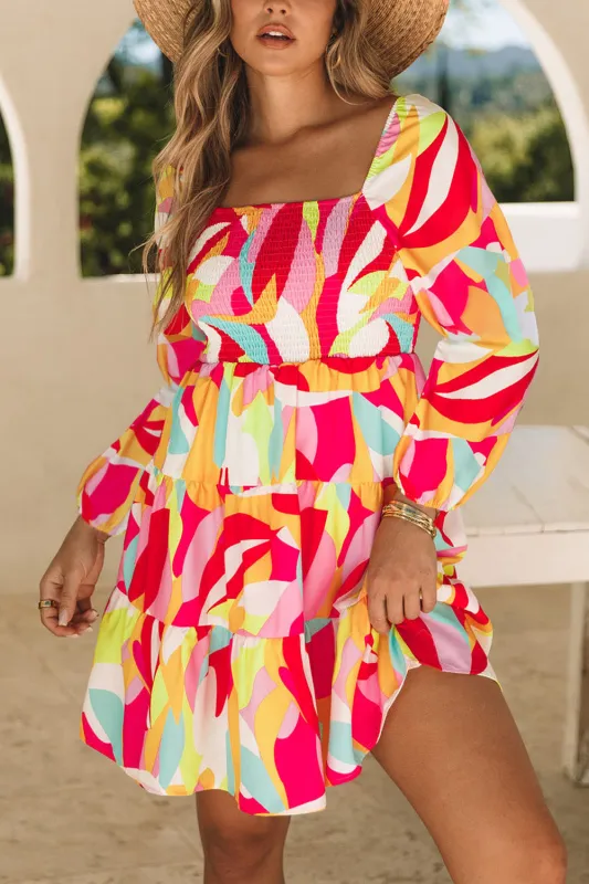 Multicolor Abstract Print Puff Sleeve Smocked Square Neck Dress sold by Beagle Boutique