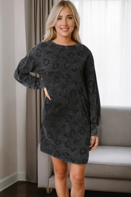 Gray Leopard Pocketed Puff Sleeve Mini Dress sold by Beagle Boutique