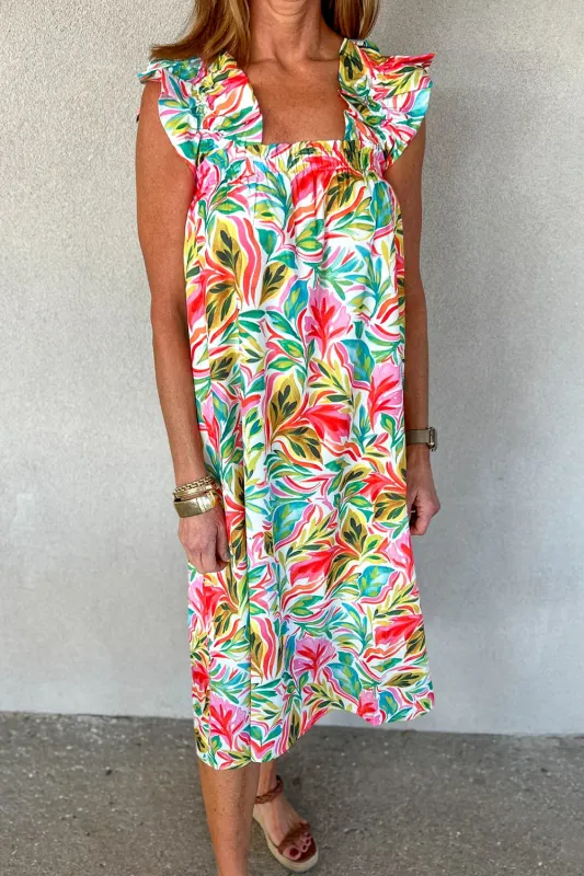 White Floral Print Ruffled Sleeveless Midi Dress sold by Beagle Boutique