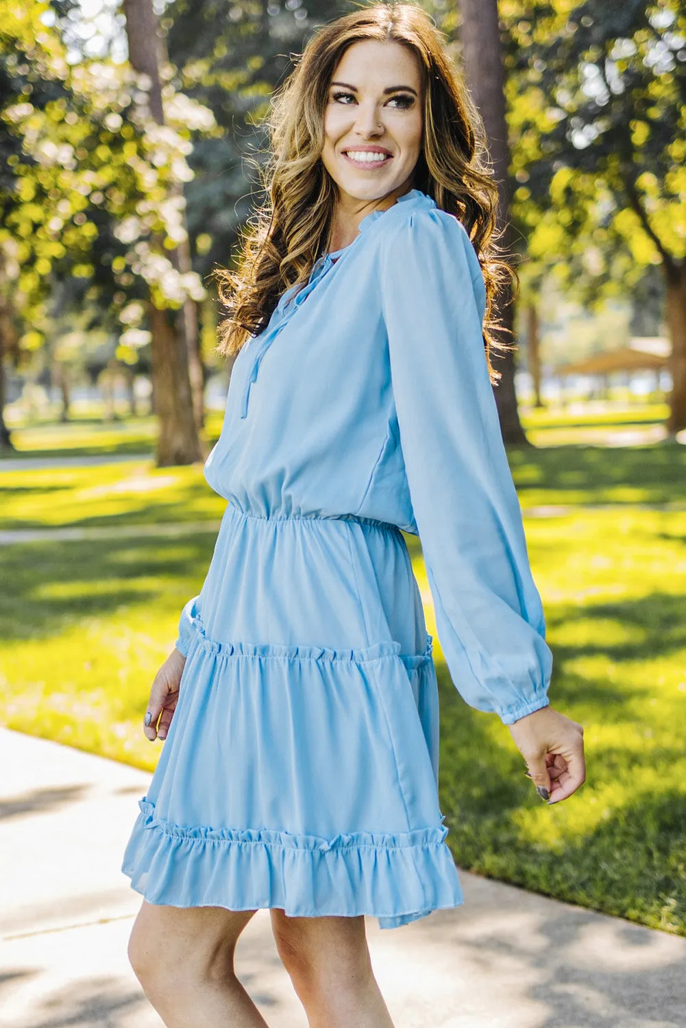 Light Blue V Neck Long Sleeve Ruffle Tiered Mini Dress sold by Beagle Boutique product image thumbnail 3