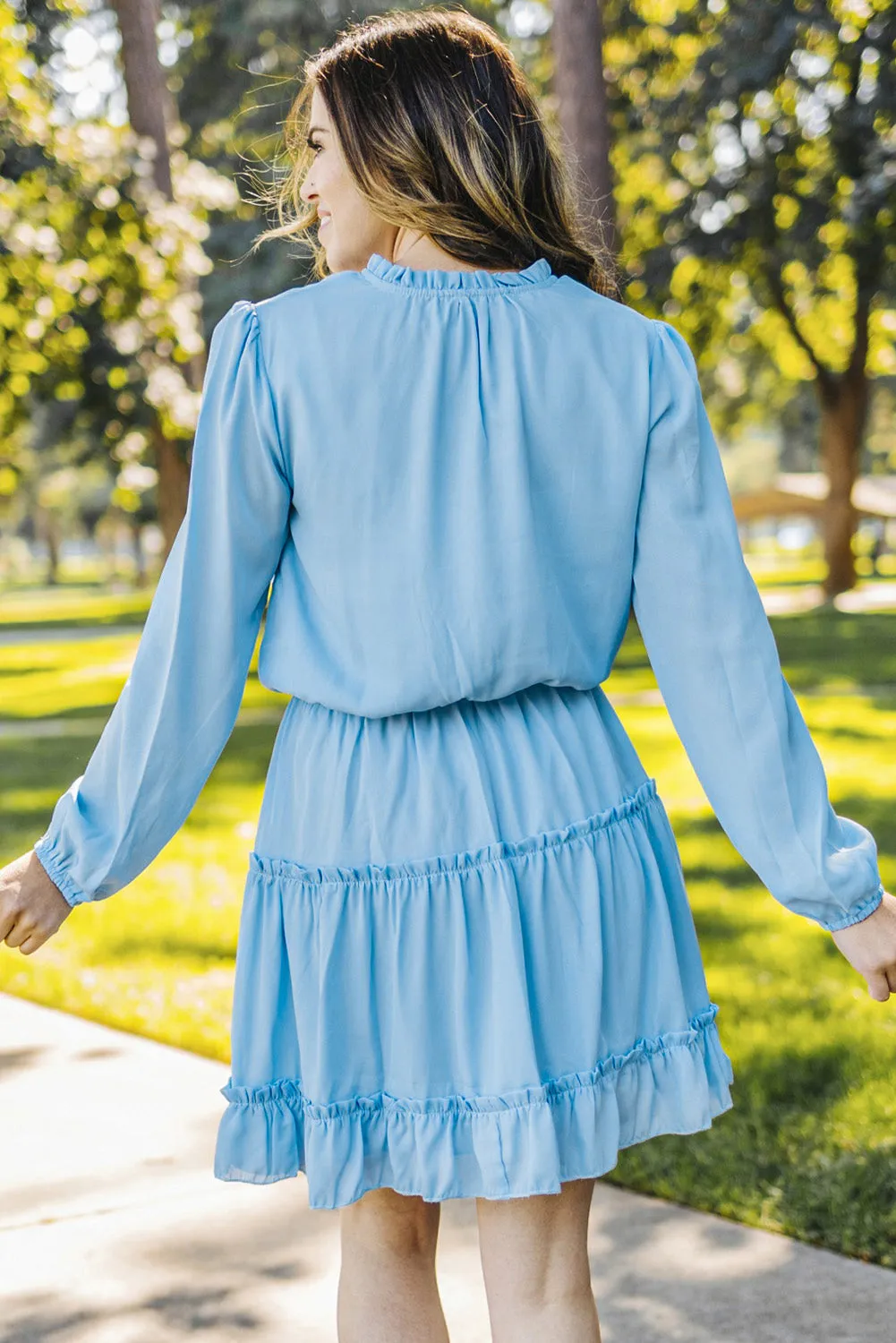 Light Blue V Neck Long Sleeve Ruffle Tiered Mini Dress sold by Beagle Boutique product image thumbnail 2