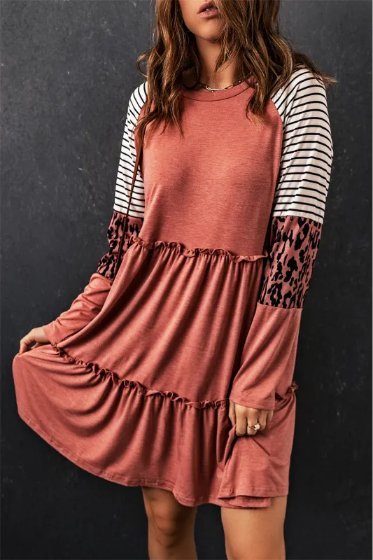 Pink Striped Leopard Patchwork Long Sleeve Mini Dress sold by Beagle Boutique