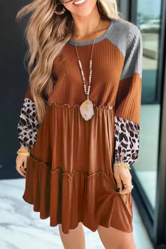 Brown Waffle Knit Leopard Patchwork Long Sleeve Dress sold by Beagle Boutique