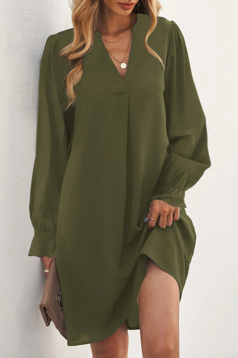 Green Split V Neck Ruffled Sleeves Shirt Dress sold by Beagle Boutique