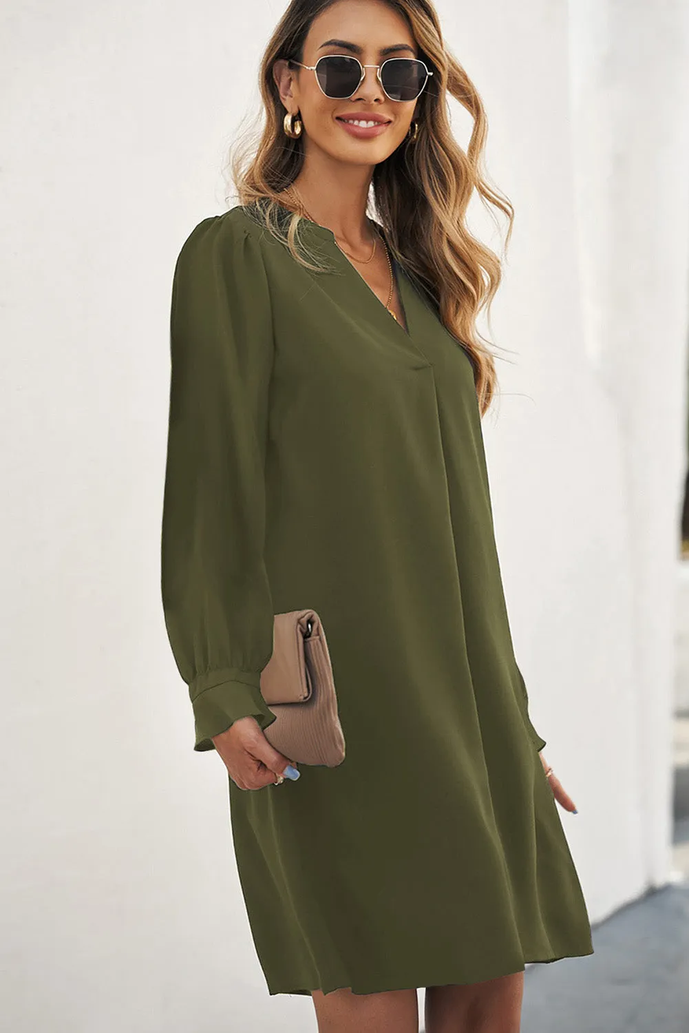 Green Split V Neck Ruffled Sleeves Shirt Dress sold by Beagle Boutique product image thumbnail 3
