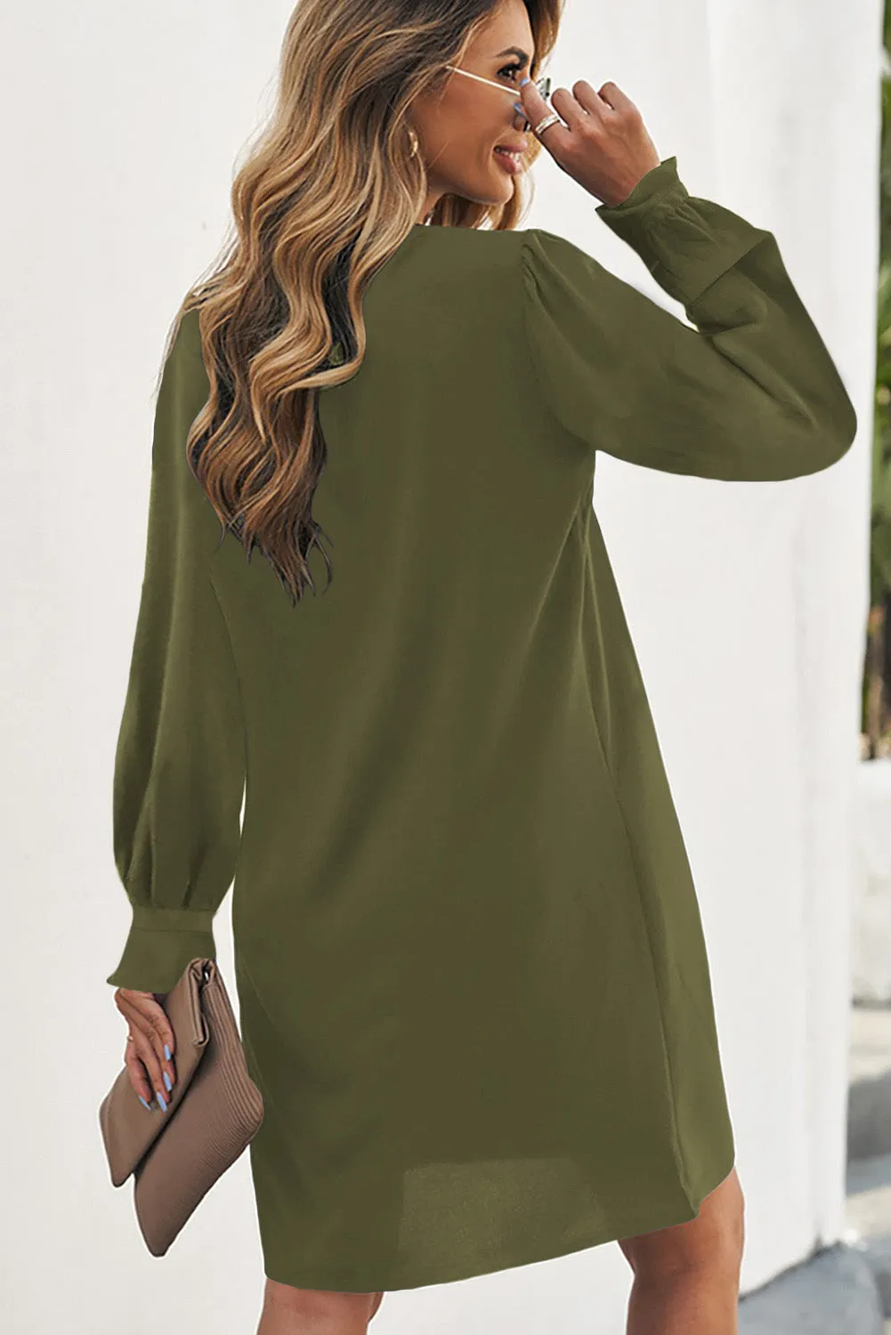 Green Split V Neck Ruffled Sleeves Shirt Dress sold by Beagle Boutique product image thumbnail 2