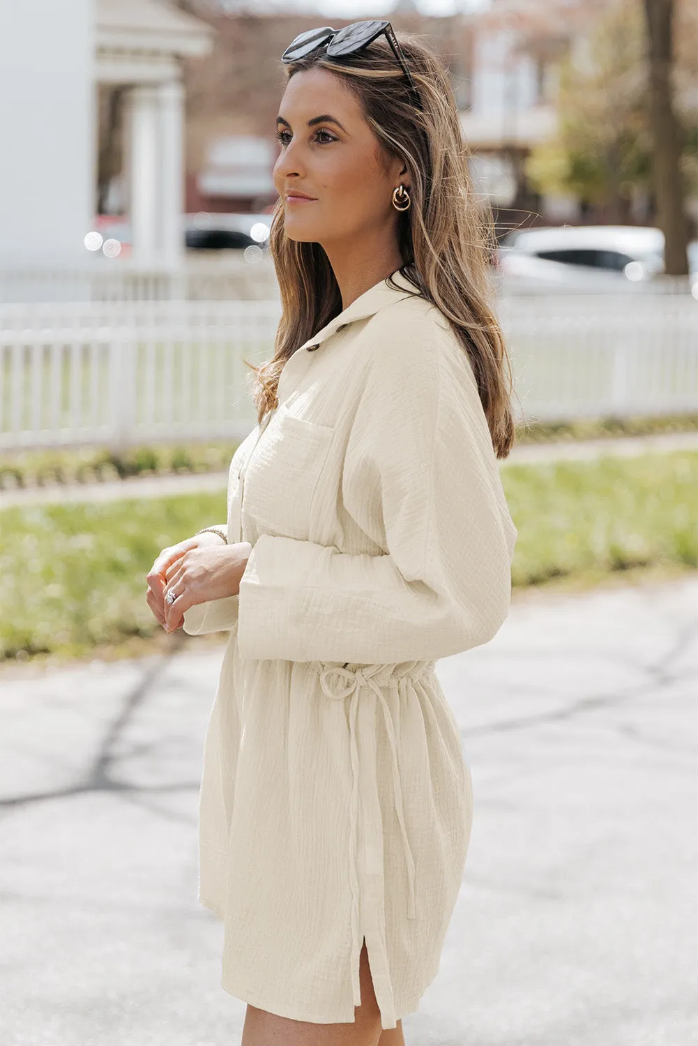 Beige Button Pockets Drawstring Waist Dress sold by Beagle Boutique product image thumbnail 3