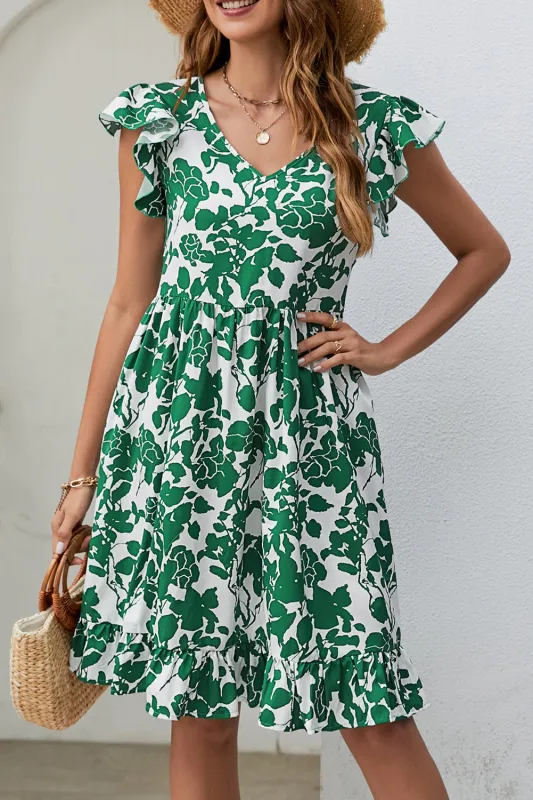 Dark Green Leaf Print V Neck Flutter Sleeve Dress sold by Beagle Boutique