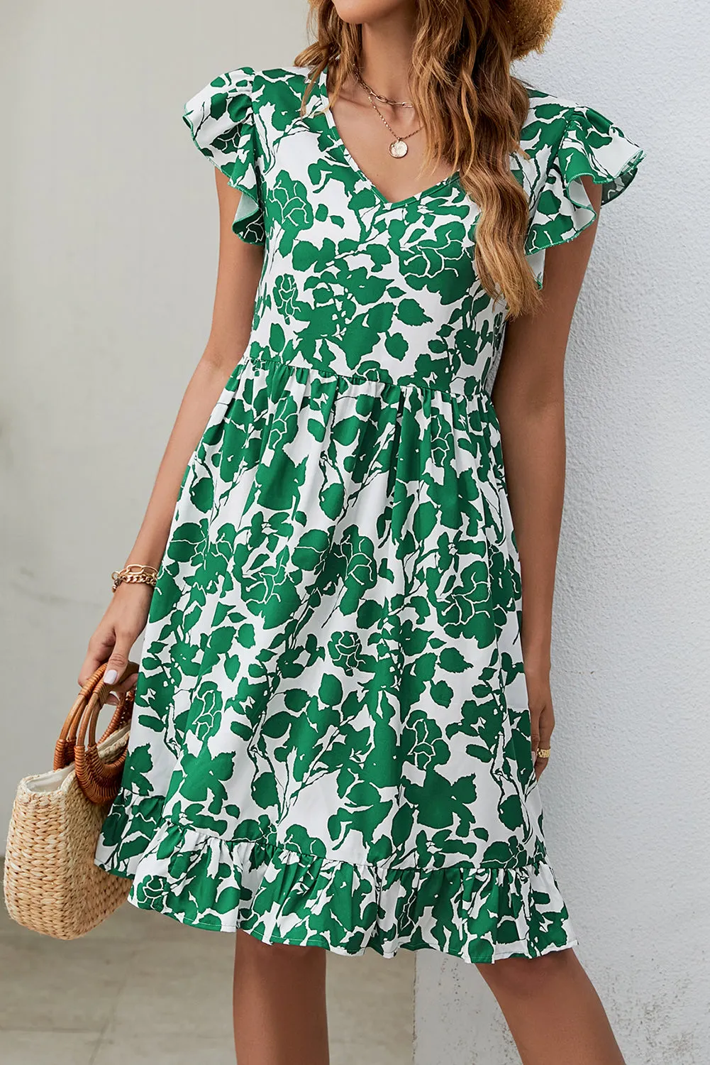 Dark Green Leaf Print V Neck Flutter Sleeve Dress sold by Beagle Boutique product image thumbnail 3