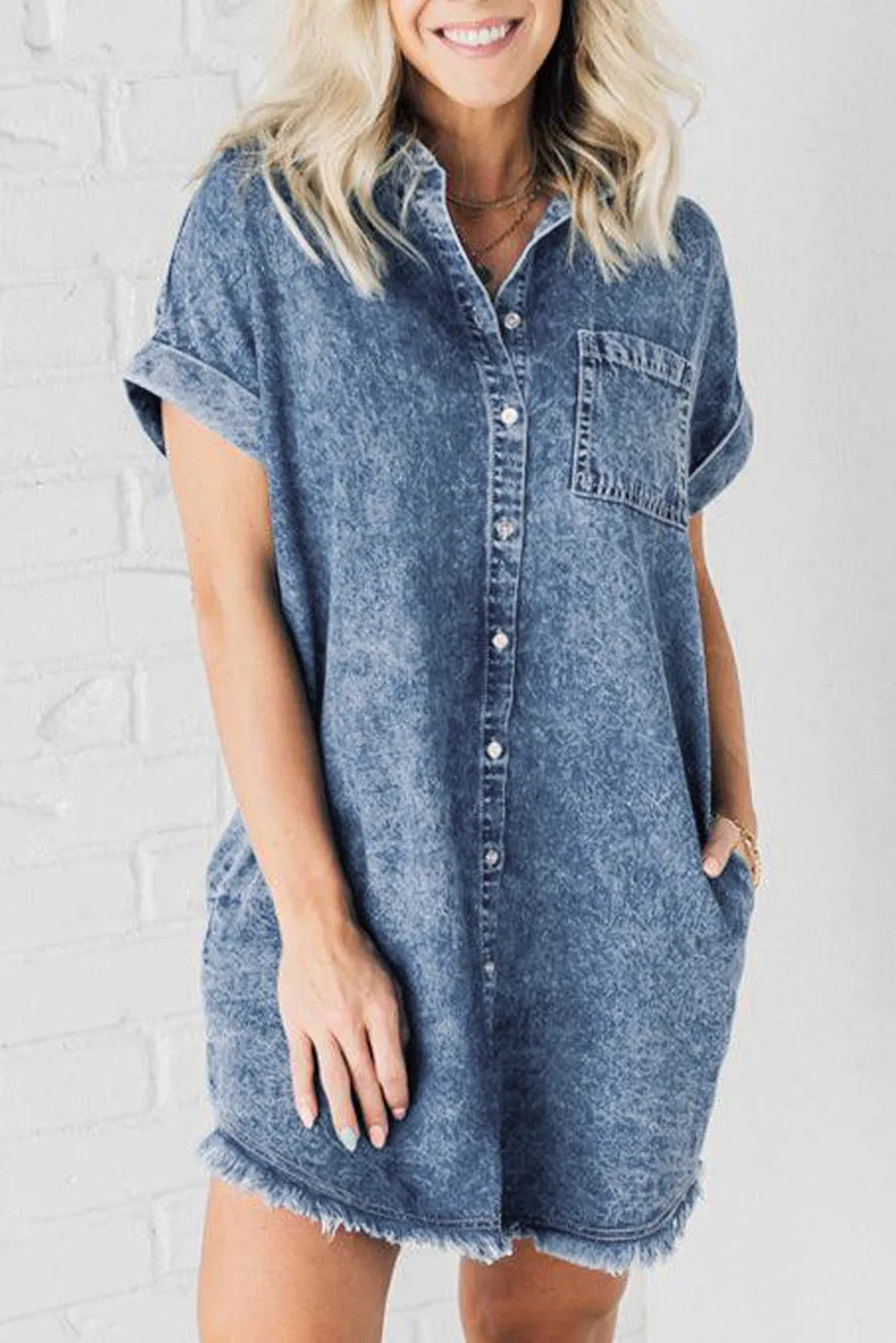 Blue Mineral Wash Cuffed Sleeve Frayed Hem Denim Dress sold by Beagle Boutique