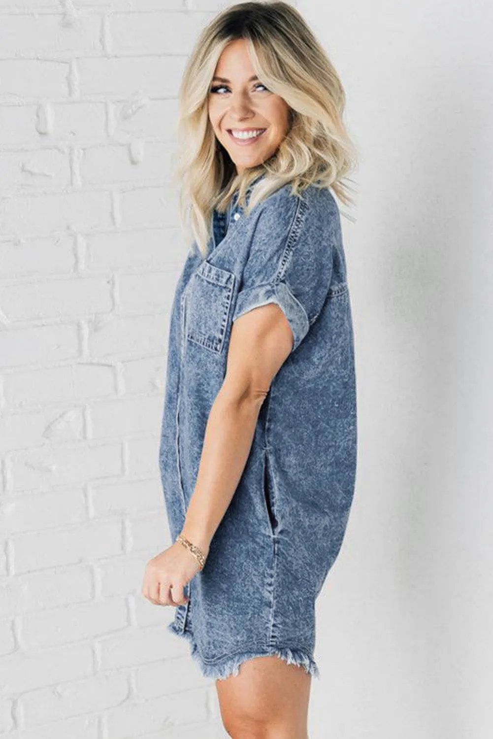 Blue Mineral Wash Cuffed Sleeve Frayed Hem Denim Dress sold by Beagle Boutique product image thumbnail 3